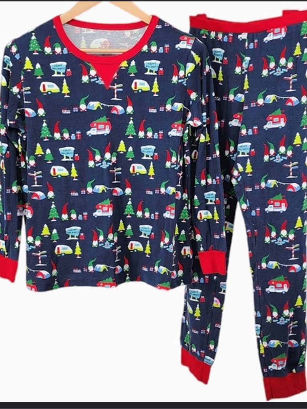 Women’s size small Navy Blue Holiday Camper Pajama Set with Red Trim